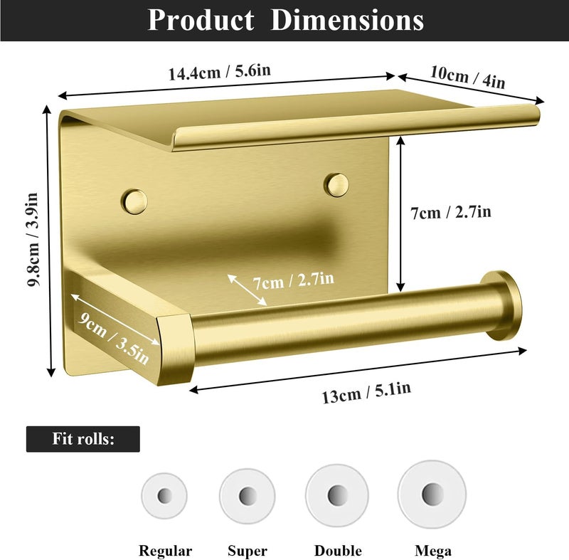 Tindbea Toilet Paper Holder with Phone Shelf, Adhesive or Screw Wall Mount Toilet Tissue Roll Holder, Rustproof & Multifunctional Stainless Steel Bathroom Storage Dispenser (Brushed Gold) - Image 3